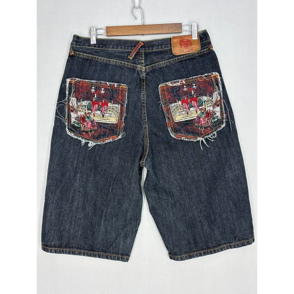 RMC Red Monkey Shorts Mens Black‎ Baggy Y2K Hip Hop Style Dark Wash Stretch 32 W